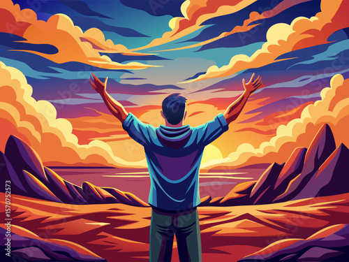 vector of A back view of a man spreading his raised arms against a dramatic cloudy sky at sunset, symbolizing freedom and emotional expression.