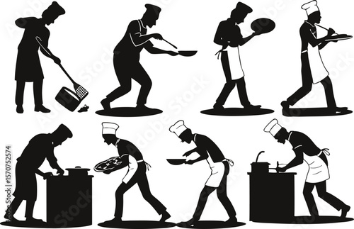 Collection of silhouettes of chefs engaged in various culinary activities