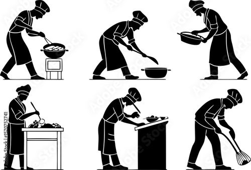 Set of six black silhouette chefs performing various culinary tasks in a kitchen