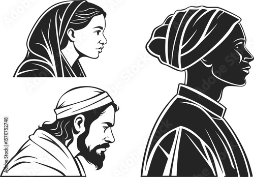 Diverse people profiles in black and white vector art style