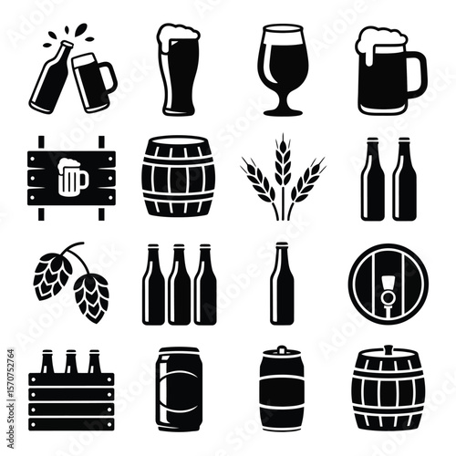 Sixteen Black and White Beer Related Icons Collection Including Beer Bottles Cans Mugs Barrels Wheat and Hops Silhouettes on White Background Simple Graphic Design Elements for Brewery Pub