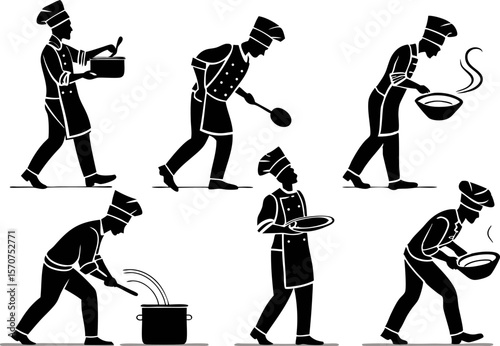 Collection of chefs in silhouette preparing food in various kitchen actions