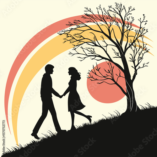 Romantic couple silhouette holding hands under tree at sunset, symbolizing love, bonding, relationship, and peaceful togetherness

