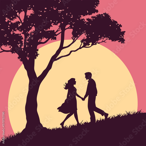 Romantic couple holding hands under a tree at sunset. Love, peace, and connection in nature. Vector silhouette design

