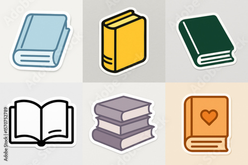 This vector sticker collection presents six simple book icons in different styles and colors, depicting closed, open, and stacked books, suitable for digital and print media.