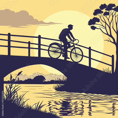 Stunning t-shirt design of a cyclist on a bridge at sunset, with river reflection, trees, and mountains. Ideal for nature lovers, adventure seekers, and outdoor enthusiasts