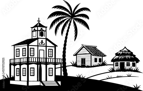 Tropical village scene with a church and palm tree in black and white silhouette