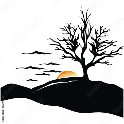 Striking silhouette design of a barren tree on a hill at sunset, with birds and a serene horizon. Ideal for nature art, minimalist decor, and landscape enthusiasts