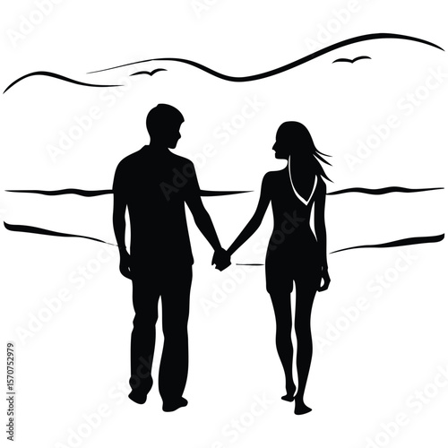 Romantic silhouette of a couple holding hands at sunset on a beach, with waves and birds. Perfect for love-themed art, nature decor, and serene outdoor designs