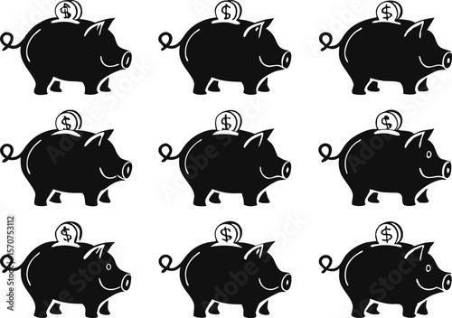 Collection of nine black silhouette piggy banks with coins on a white background