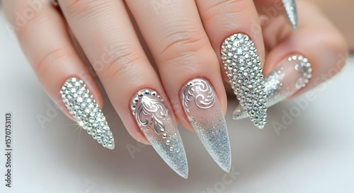 Elegant, long, stiletto nails adorned with silver rhinestones and intricate designs.