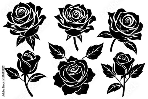 Set of 6 Black Rose Silhouette Vectors in One Artboard"