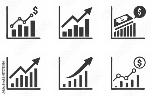 Set of six hand drawn financial growth charts with upward trending arrows and dollar signs