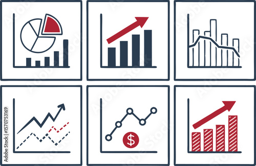 Collection of six simple hand drawn charts and graphs illustrating financial growth and data analysis