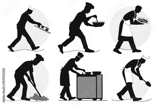 Six silhouettes of chefs performing various culinary tasks and activities