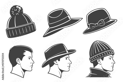 Collection of stylized hats and profile silhouettes of men wearing headwear
