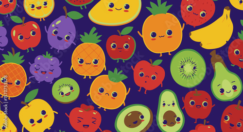 A vibrant, whimsical illustration showcases a delightful array of cartoon fruits, each with expressive faces and cheerful personalities, set against a rich, dark blue background.