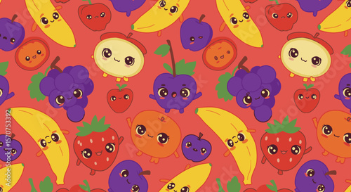 A vibrant, playful seamless pattern features an assortment of colorful cartoon fruits with kawaii-style faces on a bright coral background, perfect for children's designs.