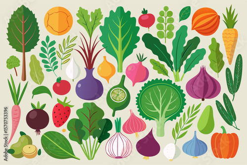 Colorful flat design collection of assorted fresh vegetables and fruits