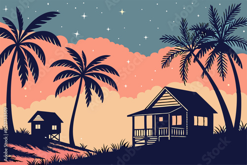 Tropical night scene with silhouette palm trees and bungalows under a starry sky