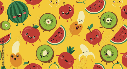 Cheerful cartoon fruits pattern featuring apples, kiwis, bananas, and watermelons with happy faces, perfect for kids' products, textile prints, and vibrant branding designs.