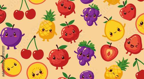 A playful and colorful seamless pattern featuring an array of adorable cartoon fruits with cheerful expressions, perfect for adding a touch of whimsy to any design project.