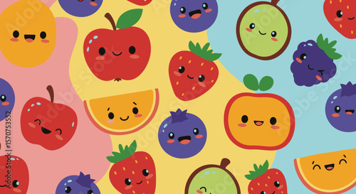 Cheerful cartoon fruit pattern featuring smiling apples, strawberries, blueberries, oranges, and melons on a colorful and playful background, perfect for children's designs.