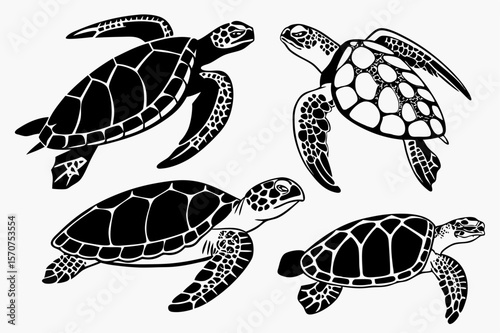 Four black and white silhouette sea turtles swimming in different directions