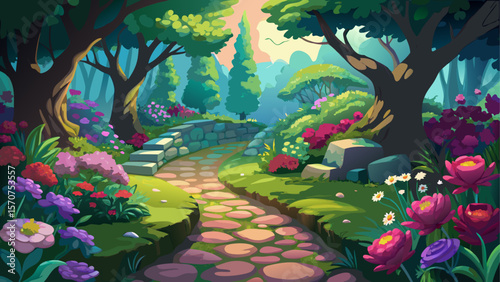 Enchanting fairytale garden hidden in nature, filled with vibrant blooming flowers, winding stone paths, and soft sunlight filtering through lush trees. A magical, secret atmosphere perfect for dreamy