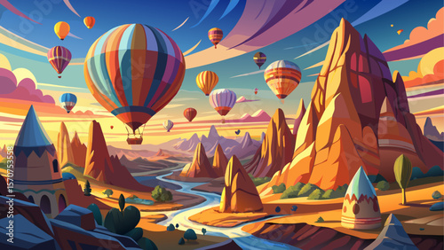 Colorful hot air balloons soaring above the fairy chimneys and unique rock formations of Cappadocia at sunrise. A magical landscape in Göreme, Turkey, renowned worldwide for its breathtaking balloon
