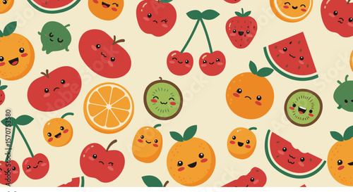 A joyful and vibrant seamless pattern composed of various cute cartoon fruits with smiling faces, perfect for children's designs.