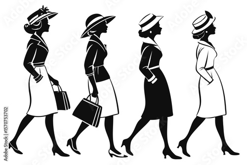 Elegant women in stylish hats and dresses walking with handbags