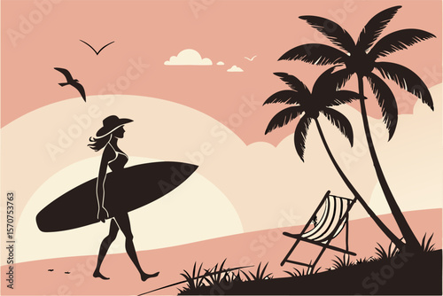 Silhouette of a woman with a surfboard walking on a beach with palm trees