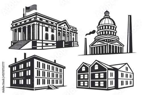 Collection of american architectural styles including government buildings and homes