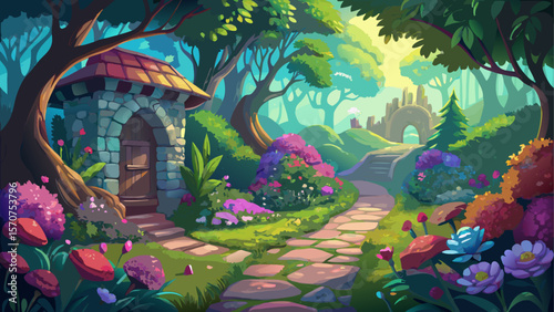 Enchanting fairytale garden hidden in nature, filled with vibrant blooming flowers, winding stone paths, and soft sunlight filtering through lush trees. A magical, secret atmosphere perfect for dreamy
