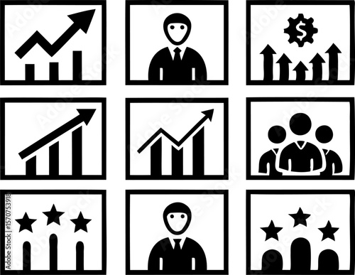 Set of nine black and white icons representing business growth success and teamwork