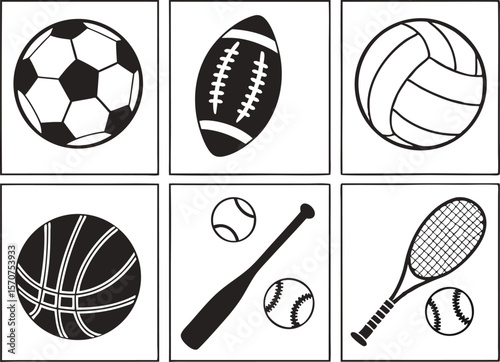 Collection of six iconic sports balls and equipment in simple black and white illustrations