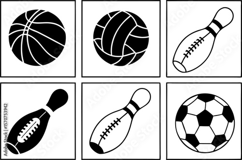 Collection of six sports balls and bowling pins in black and white graphics