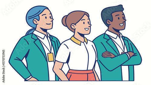 Diverse business professionals standing together with confidence and smiles