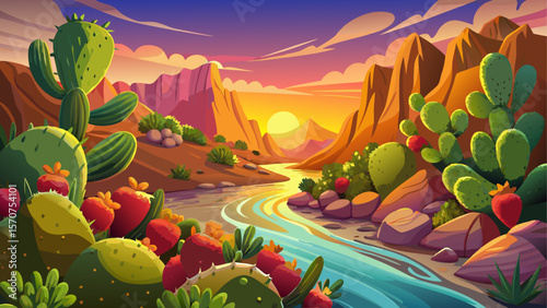 A vibrant prickly pear cactus with ripening fruit grows near a gentle stream in a mountainous desert landscape. The warm glow of sunset bathes the scene