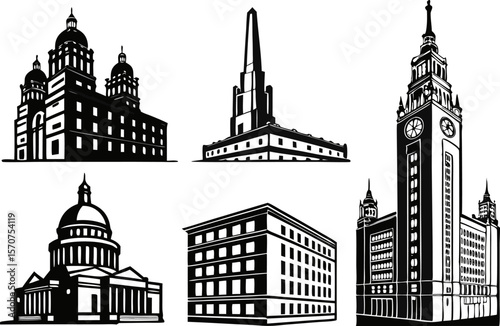 Collection of black and white silhouettes of famous architectural buildings