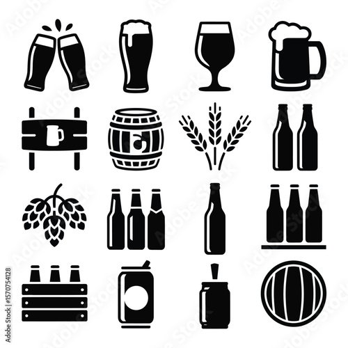 Sixteen Black and White Beer Related Icons Collection Including Beer Glasses Bottles Cans Barrels Hops Wheat and Toasting Glasses Depicting Brewing and Drinking Concepts