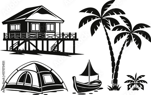 Tropical vacation icons including a stilt house palm trees tent and sailboat