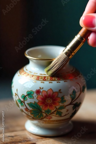 Restoring Delicate Beauty Artists Hand Carefully Cleaning an Ornate Vase with a Soft Paintbrush, Close-Up Detail