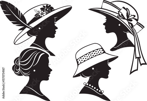 Four elegant female silhouettes wearing vintage hats and hairstyles