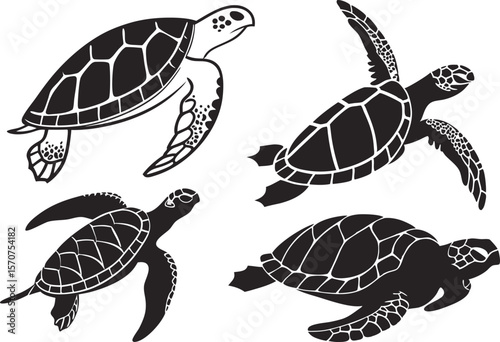 Four black silhouette sea turtles swimming in different directions
