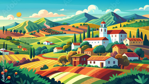 A picturesque and colorful Spanish landscape featuring rolling hills, rustic villages, and vibrant fields under a clear sky. The scene captures the charm and natural beauty of the Spanish countryside
