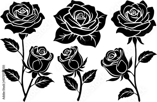 Set of 6 Black Rose Silhouette Vectors in One Artboard"