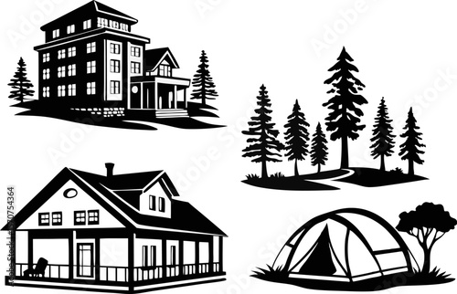 Black silhouette collection of buildings trees and camping tent in nature
