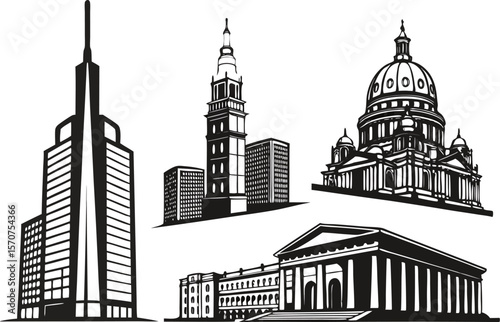 Collection of architectural building silhouettes including a skyscraper and a dome
